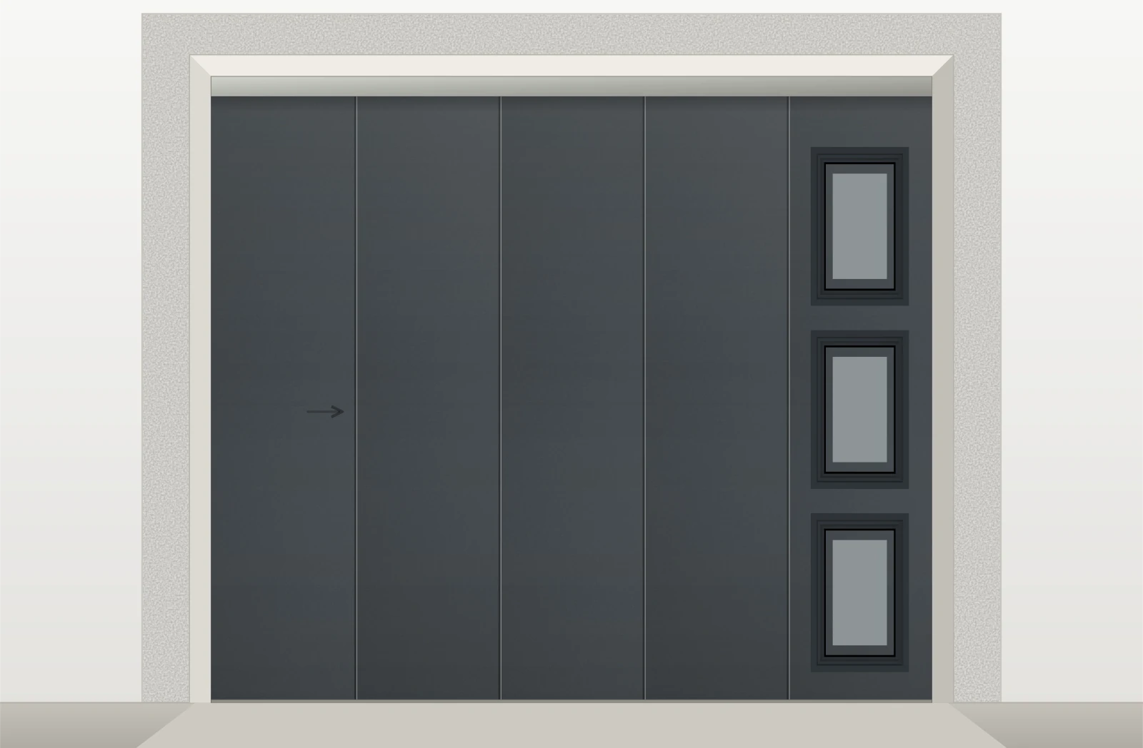 Porte de garage sectionnelle latérale lisse motorisée Somfy avec hublots sur mesure – Gris anthracite RAL 7016
