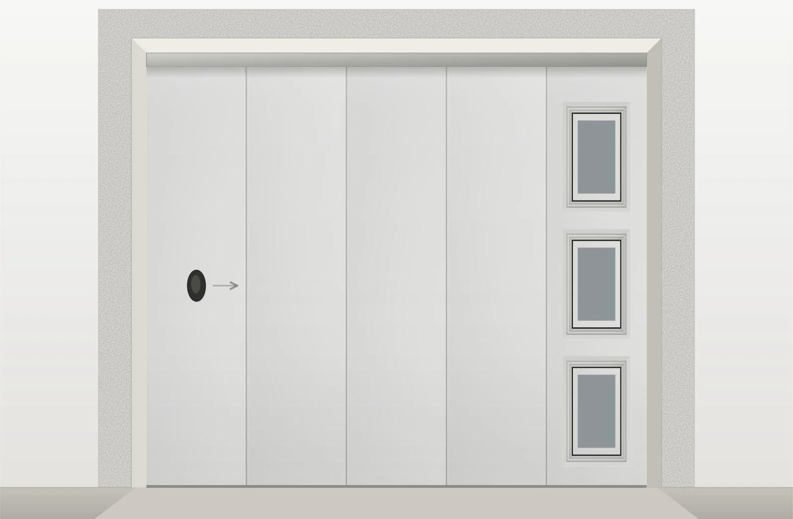 Porte de garage sectionnelle latérale lisse motorisée Somfy avec hublots sur mesure – Blanc RAL 9010