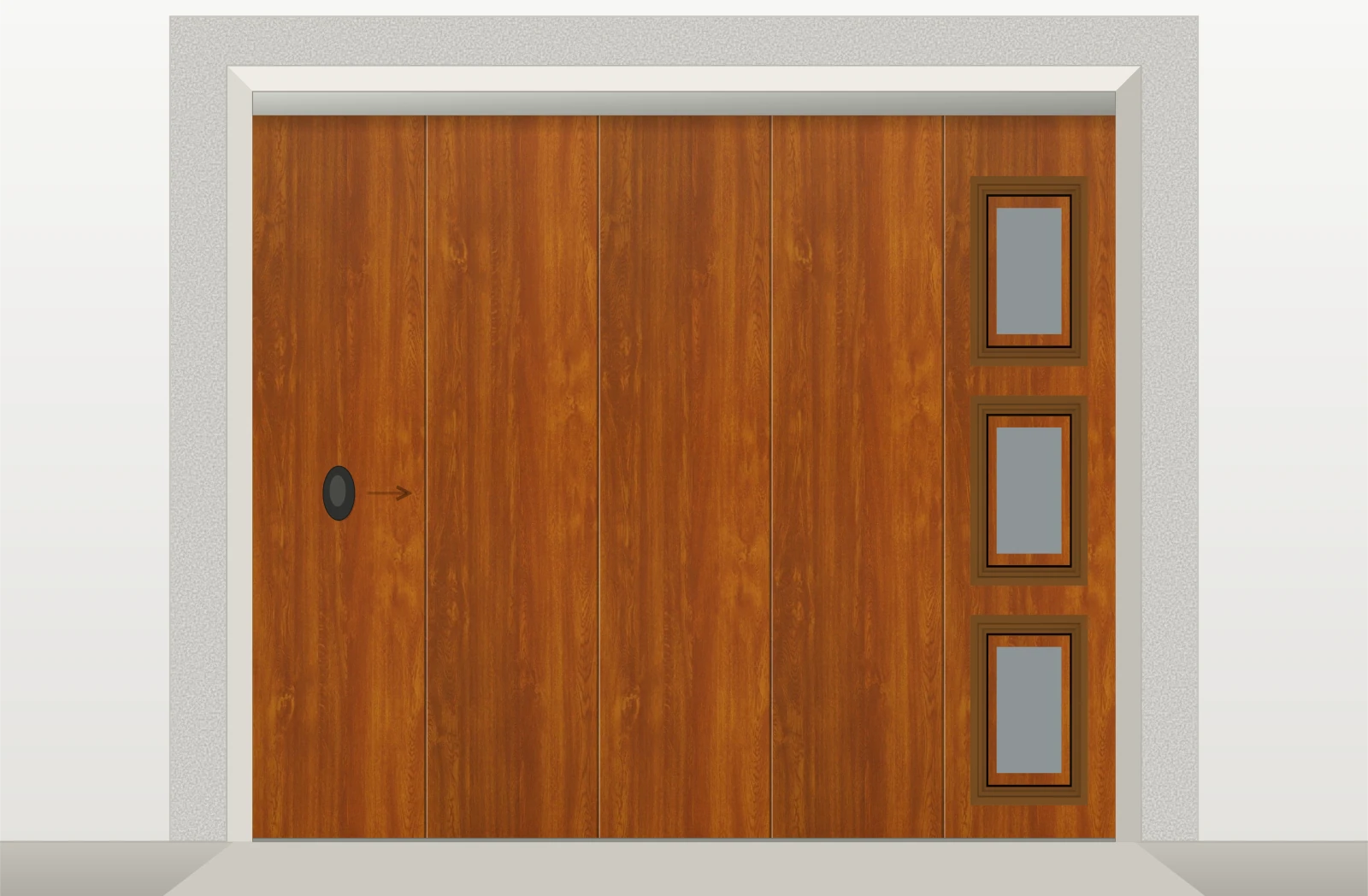 Porte de garage sectionnelle latérale lisse motorisée Somfy avec hublots sur mesure – Décor bois clair