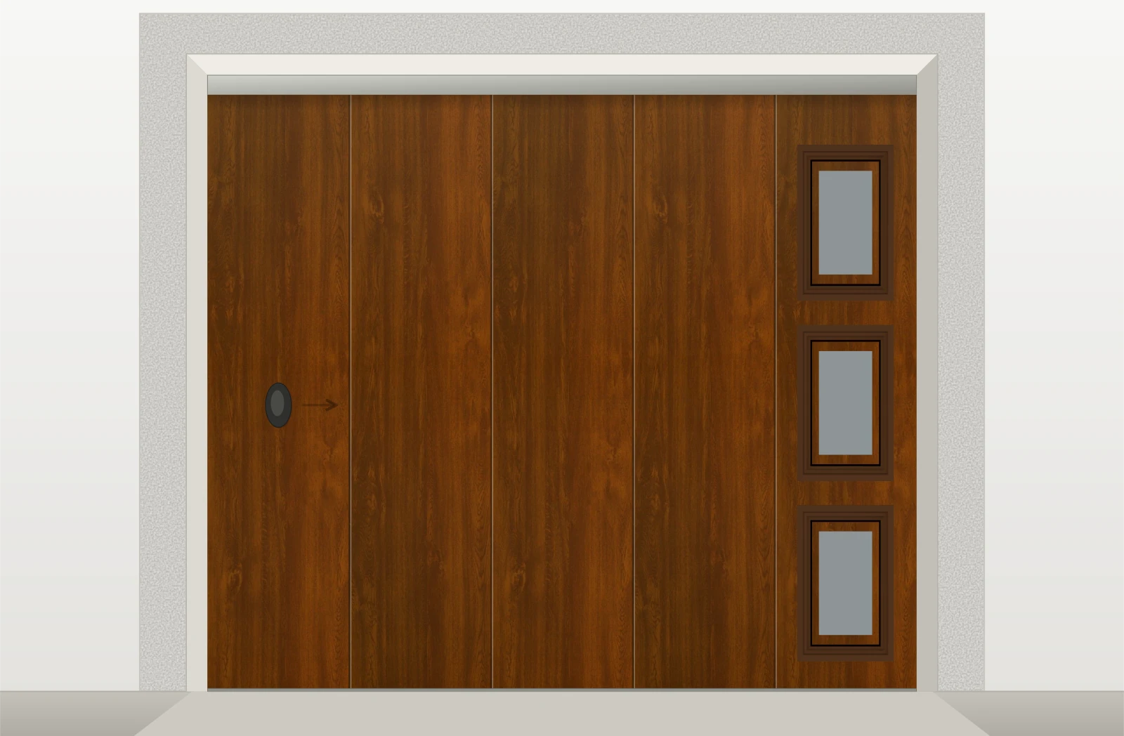 Porte de garage sectionnelle latérale lisse motorisée Somfy avec hublots sur mesure – Décor bois foncé