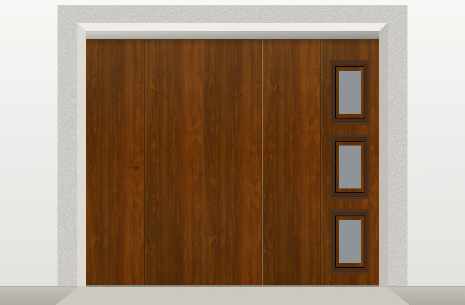 Porte de garage sectionnelle latérale lisse motorisée Somfy avec hublots sur mesure – Décor bois foncé