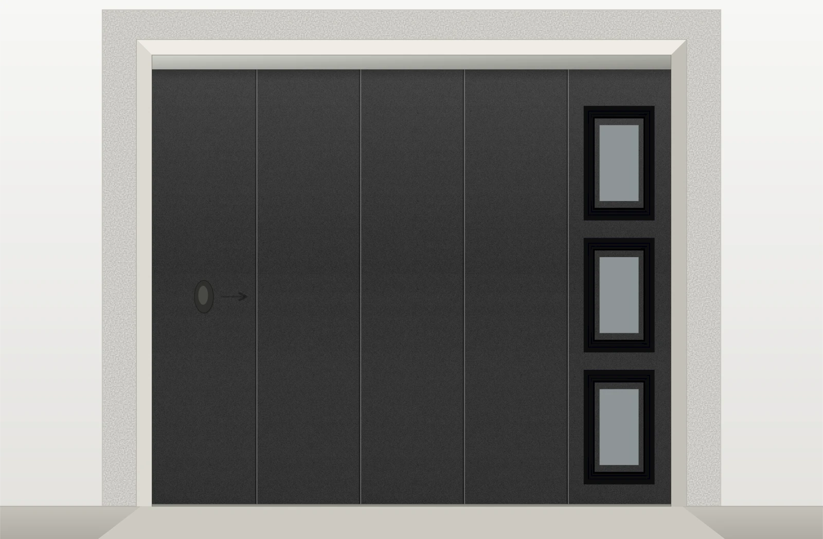 Porte de garage sectionnelle latérale lisse motorisée Somfy avec hublots sur mesure – Sablé noir RAL 9005