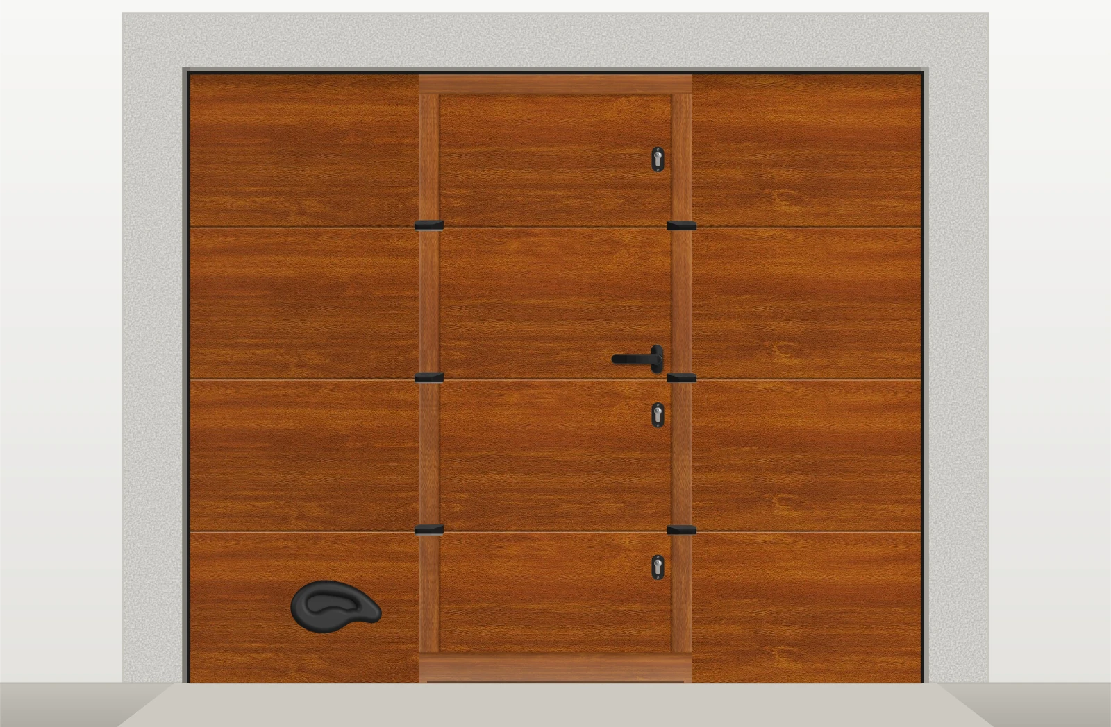 Porte de garage sectionnelle lisse avec portillon sur mesure – Chêne doré