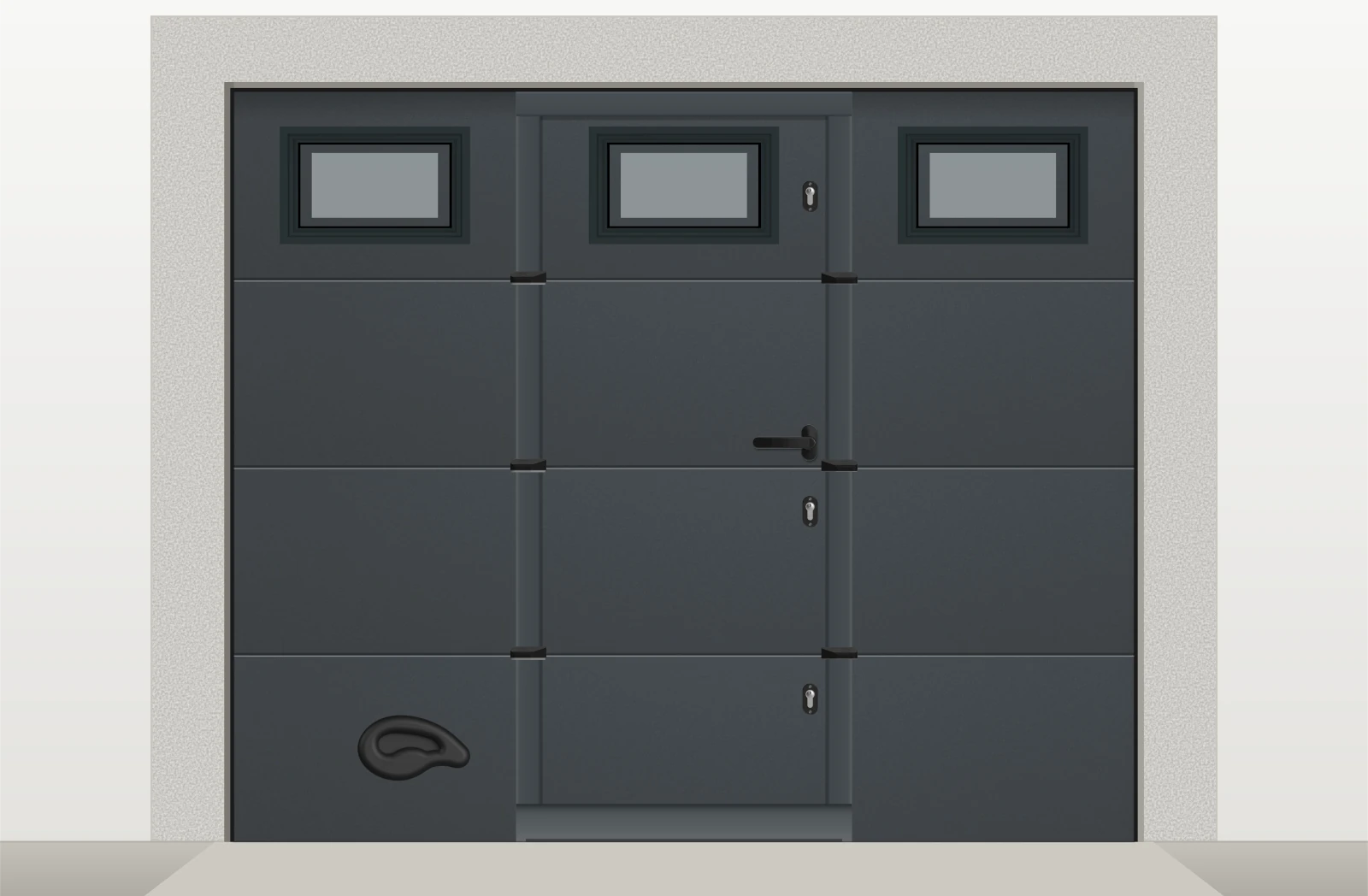 Porte de garage sectionnelle lisse motorisée avec portillon et hublots sur mesure – Gris anthracite RAL 7016