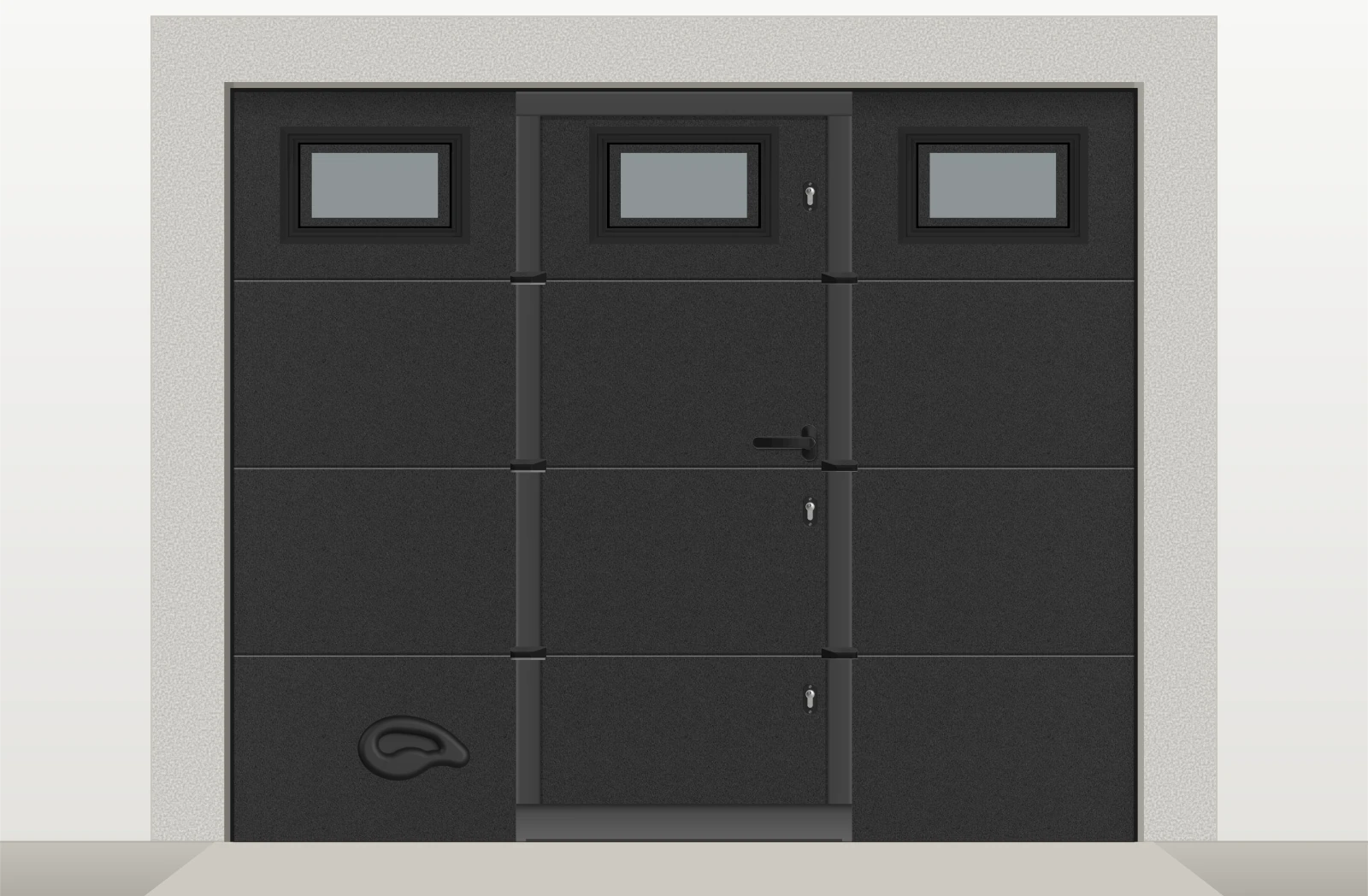 Porte de garage sectionnelle lisse motorisée avec portillon et hublots sur mesure – Noir RAL 9005