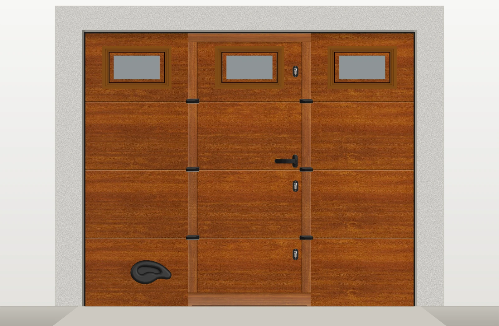 Porte de garage sectionnelle lisse motorisée avec portillon et hublots sur mesure – Chêne doré