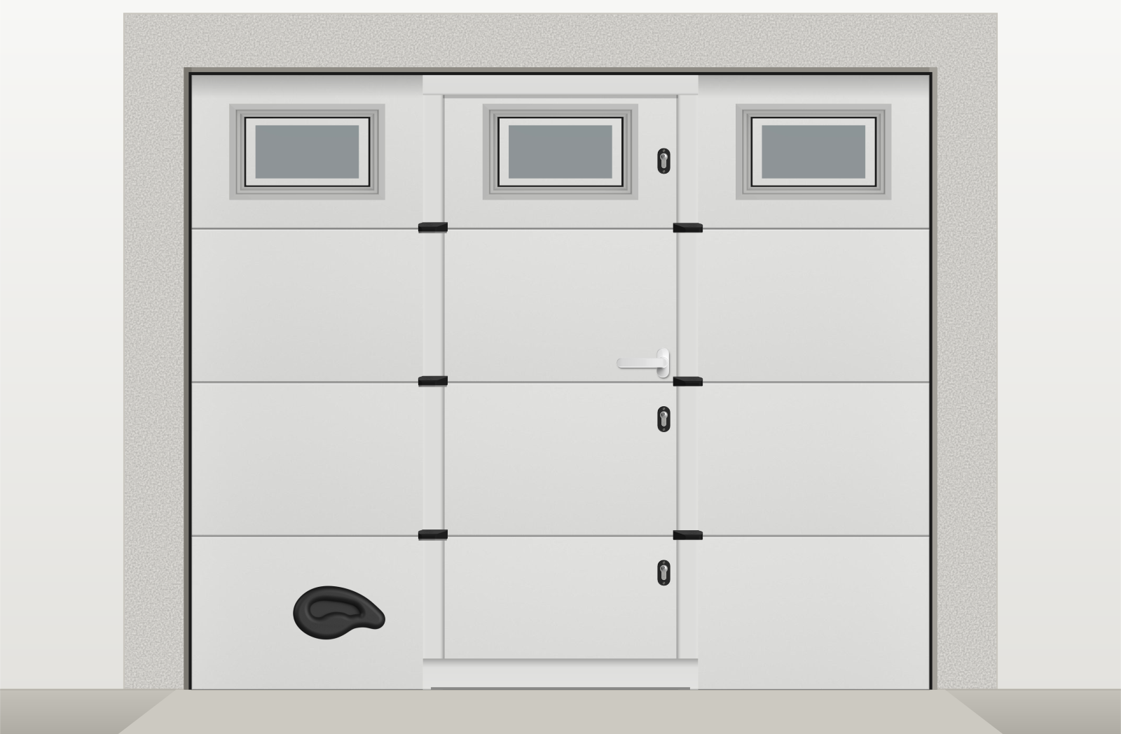 Porte de garage sectionnelle lisse motorisée avec portillon et hublots sur mesure – Blanc RAL 9010