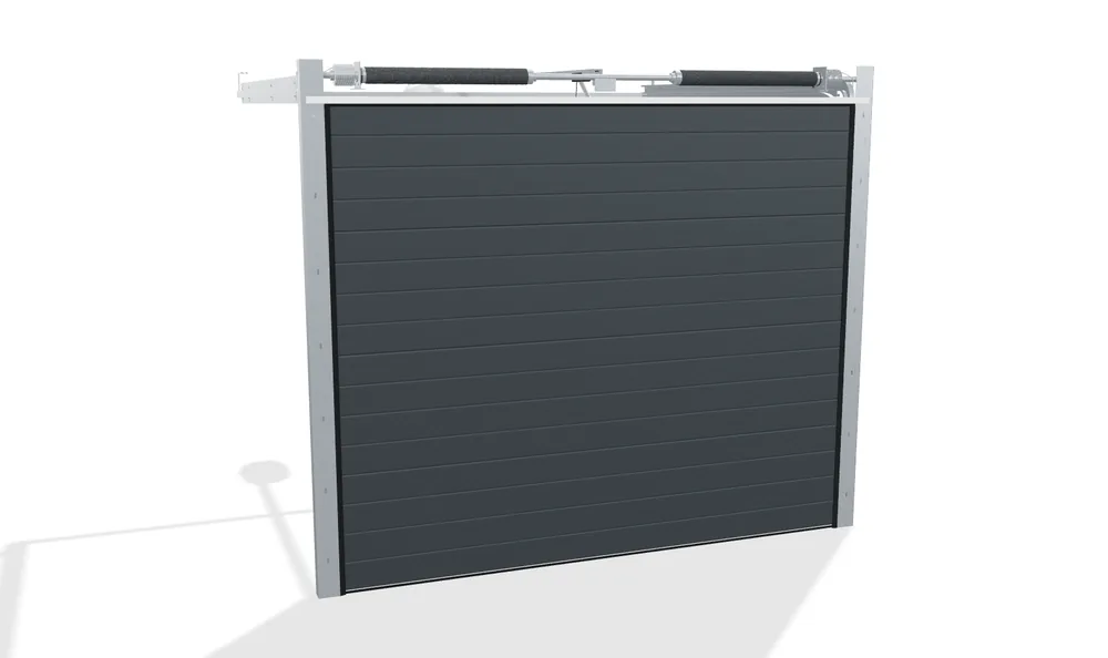 Porte de garage sectionnelle gris anthracite en 3D, vue de l’extérieur : panneaux à rainures en grain bois, ressorts et arbre au-dessus de l’ouverture