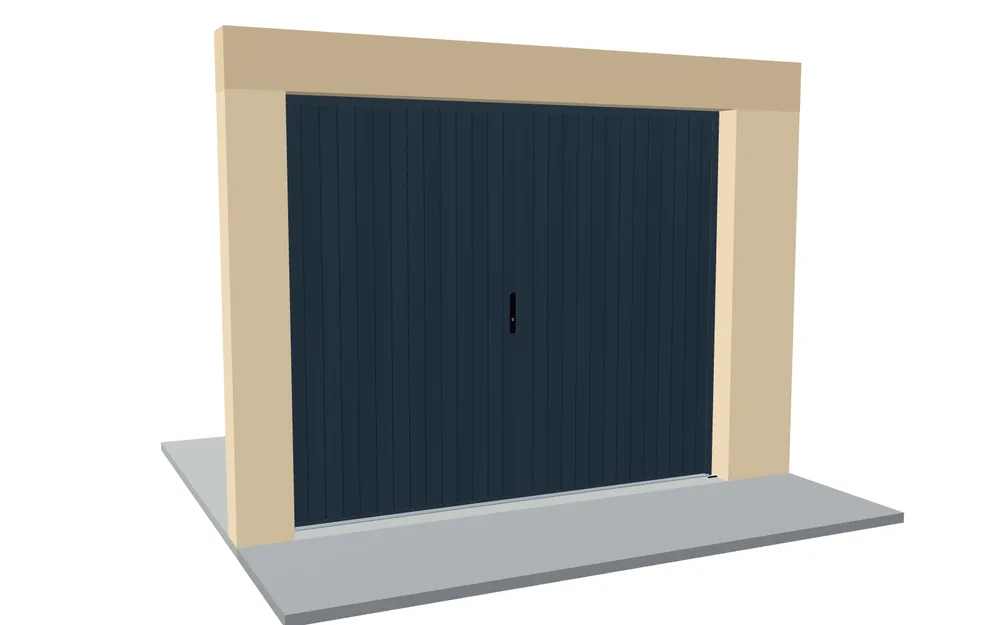Porte de garage battante 4 vantaux en aluminium gris anthracite en 3D, fermée, vue de la rue dans sa baie