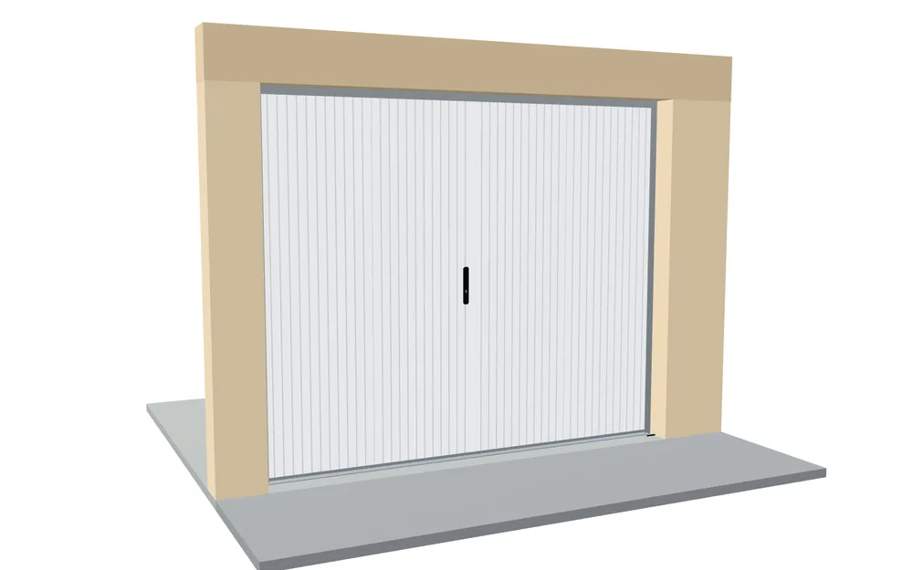 Porte de garage battante 4 vantaux en PVC blanc en 3D, fermée, vue de la rue dans sa baie