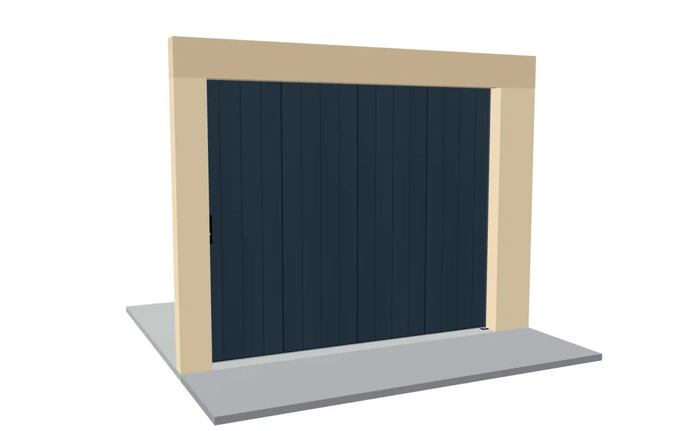 Porte de garage coulissante en aluminium gris anthracite à lames verticales en 3D, fermée, vue de la rue dans sa baie