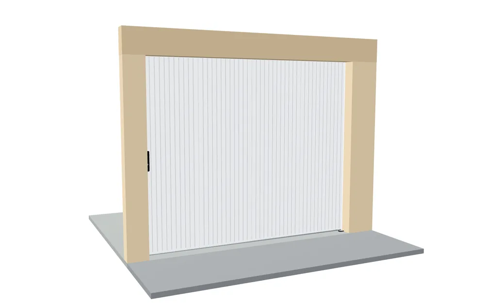 Porte de garage coulissante en PVC blanc à lames verticales en 3D, fermée, vue de la rue dans sa baie