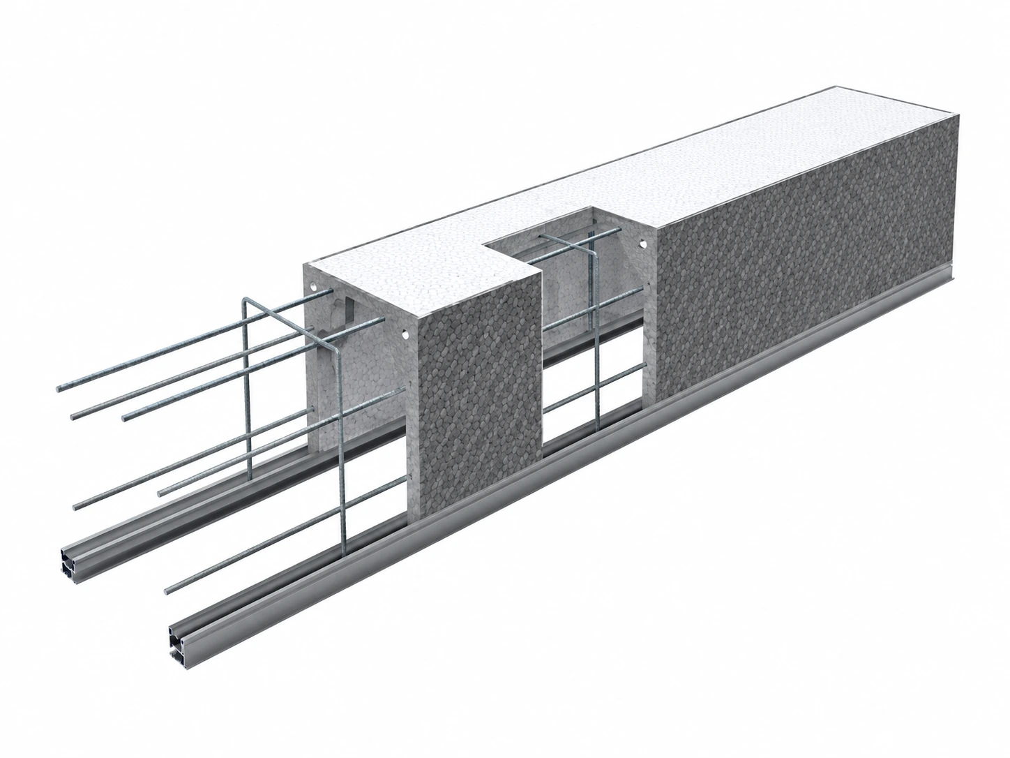 Coupe illustrative du coffre tunnel : polystyrène, armature et profilés de finition