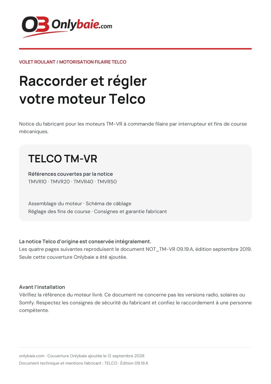 Couverture : Raccorder et régler le moteur Telco filaire